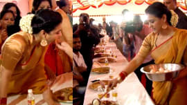 Kajol eats out of stranger’s hand; Serves bhog to several devotees Kajol eats out of stranger’s hand; Serves bhog to several devotees