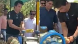 Sonu Sood makes and distributes sugarcane juice in viral video Sonu Sood makes and distributes sugarcane juice in viral video